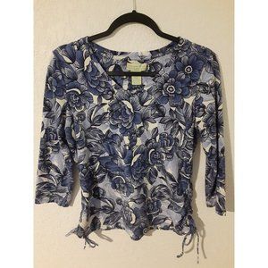 Carribean Joe Shirt 💜 Blue Floral stretchy Cinch Top sz Petite M